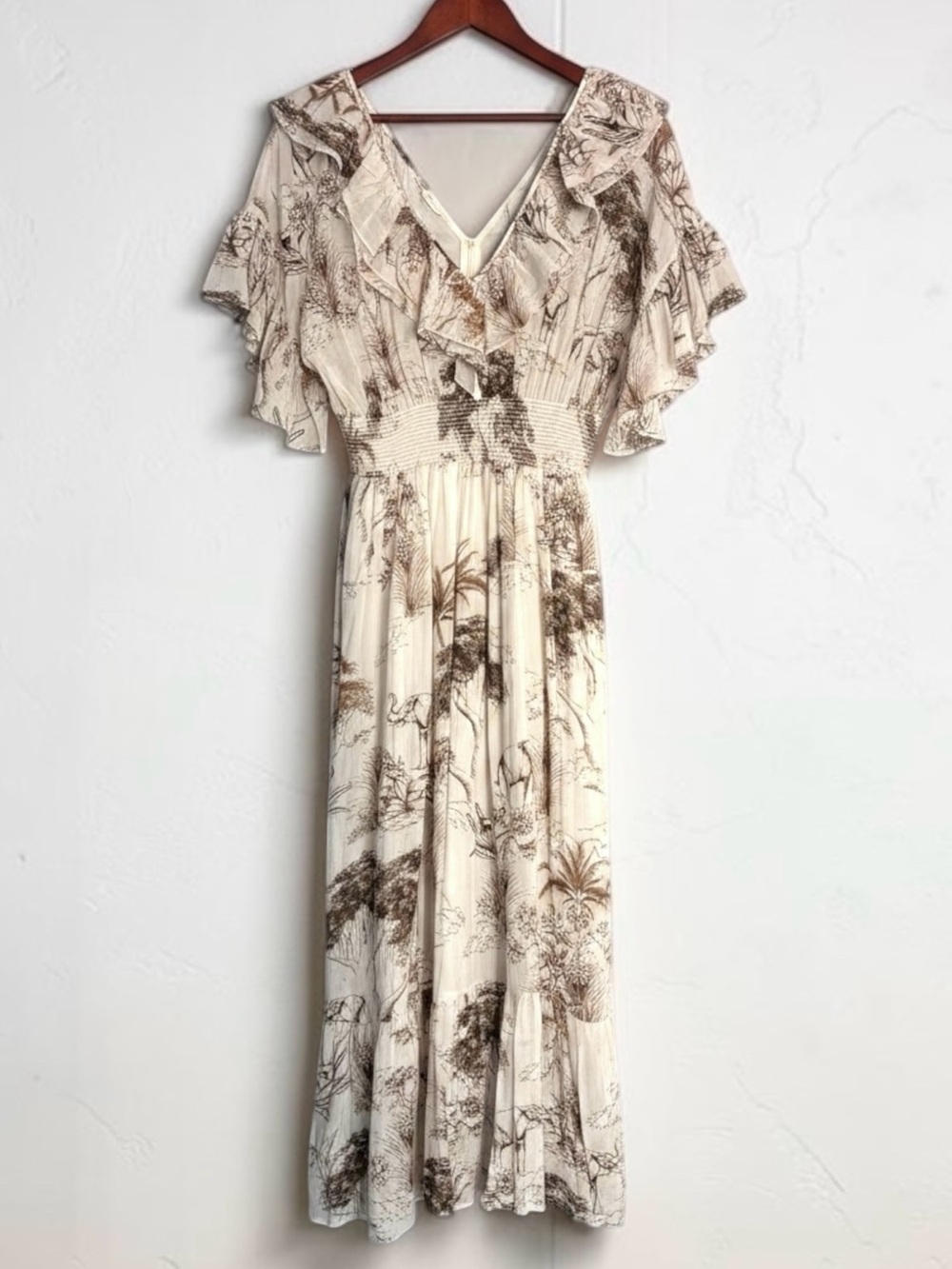 Sandro Ruffled Printed Gauze Midi Dress NWT Ecru FR 36 US 4 Toile Print - Picture 2 of 13